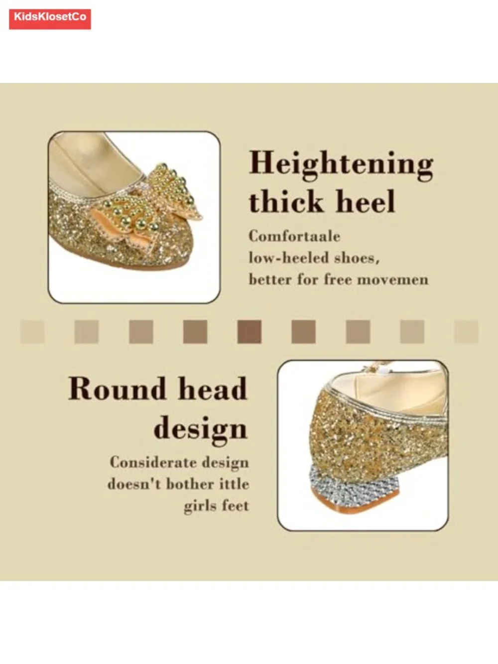 Glitter Mary Jane Low Heel Dress Shoes for Girls Toddler Little Kid Wedding